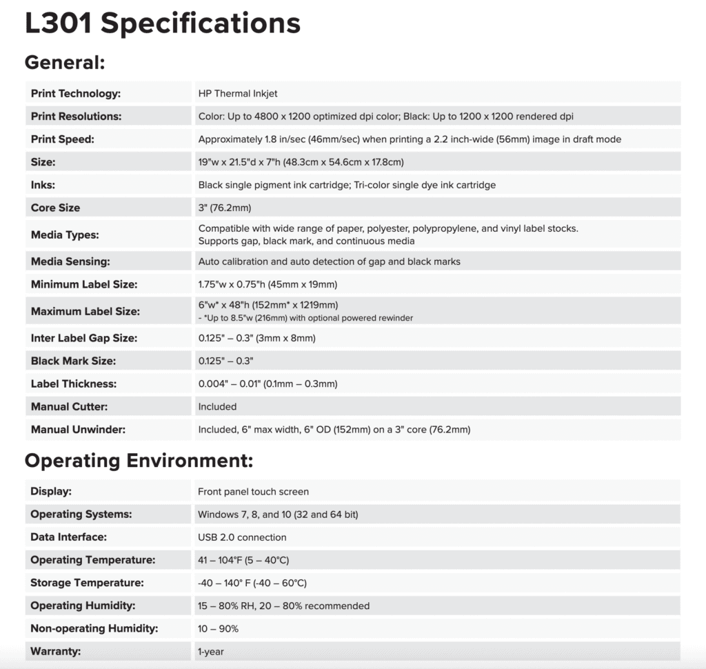 afinia l301 printer specifications