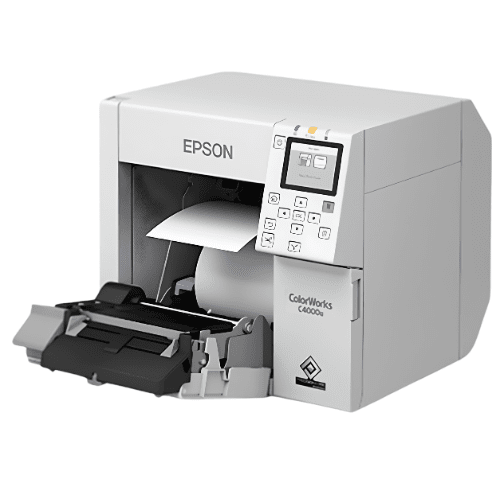 Starter Bundle Epson C4000 ColorWorks Inkjet Label Printer (Gloss) - Includes 1 Extra Ink Set, 1 Extra Maintenance Box and 1 Epson SITA Printer Replacement Warranty SKU: C31CK03A9991-EB 5 Epson ColorWorks C4000 Color Label Printer Side Roll Load Image