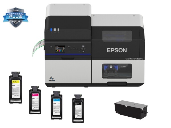 Starter Bundle Epson C8000 ColorWorks Inkjet Label Printer (Gloss) - Includes 1 Extra Ink Set, 1 Extra Maintenance Box and 1 Epson SITA Printer Replacement Warranty SKU: C31CL02A9991-EB 1 Epson ColorWorks c8000 starter bundle