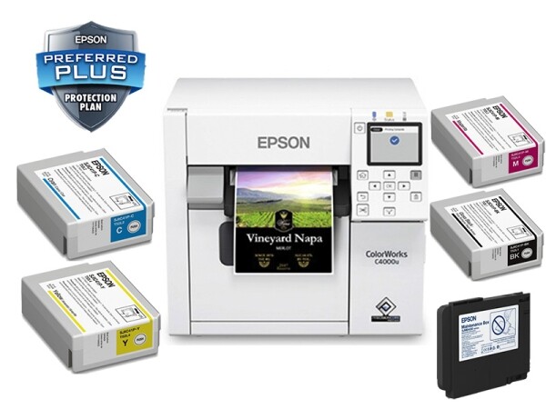 Starter Bundle Epson C4000 ColorWorks Inkjet Label Printer (Gloss) - Includes 1 Extra Ink Set, 1 Extra Maintenance Box and 1 Epson SITA Printer Replacement Warranty SKU: C31CK03A9991-EB 1 Epson C4000 Bundle