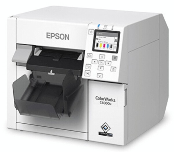 Starter Bundle Epson C4000 ColorWorks Inkjet Label Printer (Gloss) - Includes 1 Extra Ink Set, 1 Extra Maintenance Box and 1 Epson SITA Printer Replacement Warranty SKU: C31CK03A9991-EB 4 Epson ColorWorks C4000 Color Label Printer Side Tray Image