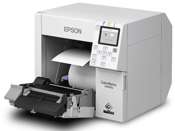 Starter Bundle Epson C4000 ColorWorks Inkjet Label Printer (Gloss) - Includes 1 Extra Ink Set, 1 Extra Maintenance Box and 1 Epson SITA Printer Replacement Warranty SKU: C31CK03A9991-EB 5 Epson ColorWorks C4000 Color Label Printer Side Roll Load Image