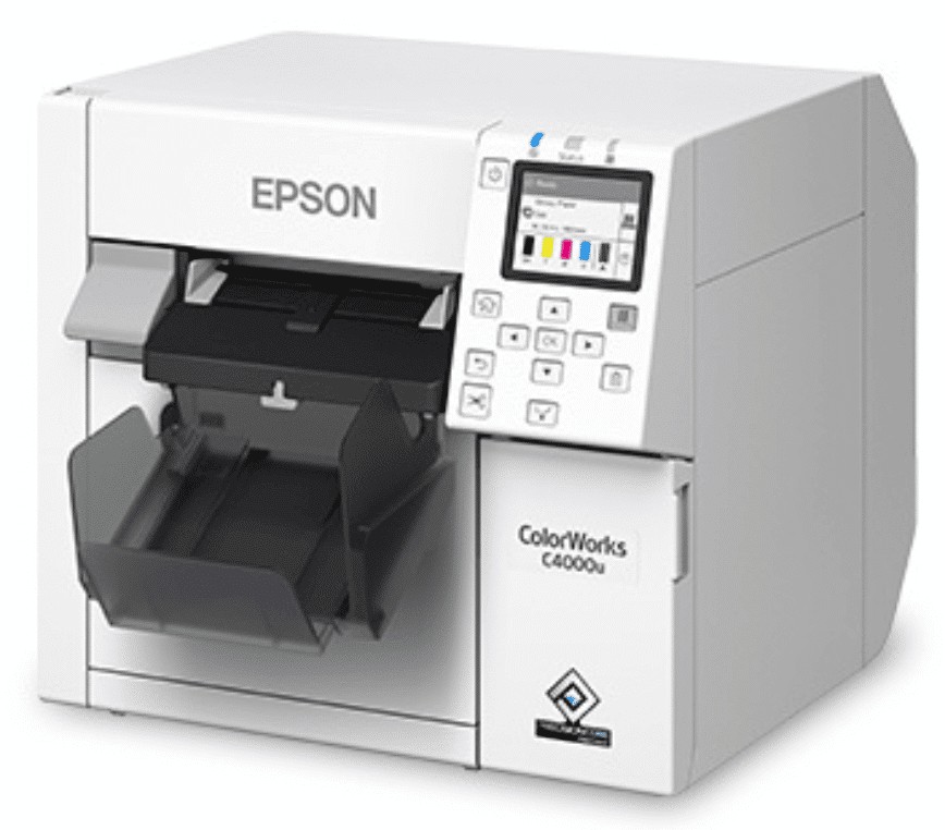 Wireless Enabled Epson ColorWorks CW-C4000 Color Inkjet Label Printer (Gloss) SKU: C31CK03A9991-WB 5 Epson ColorWorks C4000 Color Label Printer Side Tray Image
