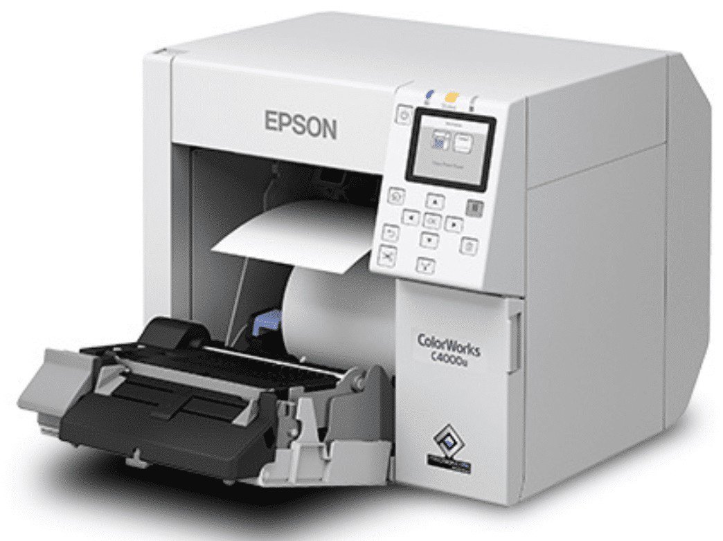 Wireless Enabled Epson ColorWorks CW-C4000 Color Inkjet Label Printer (Gloss) SKU: C31CK03A9991-WB 6 Epson ColorWorks C4000 Color Label Printer Side Roll Load Image